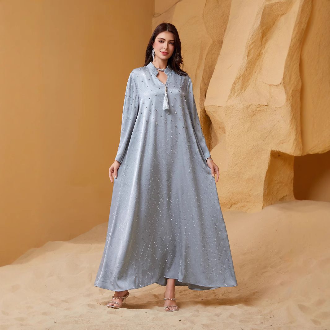 Elegant Embellished Abaya Dress With Starry Crystal Rhinestones - Modest Muslim Long Sleeve Maxi Dress For Women (Available In Grey, Sizes S-XXL)_voghion.com
