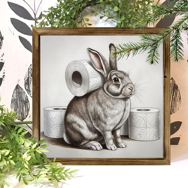 [Iepuraș de Paște rustic din lemn] ​​Semn rustic din lemn pentru baie, 1 buc., cu iepuraș de Paște - finisaj lustruit, decorațiune murală fermecătoare cu iepure, 20x20 cm_voghion.com