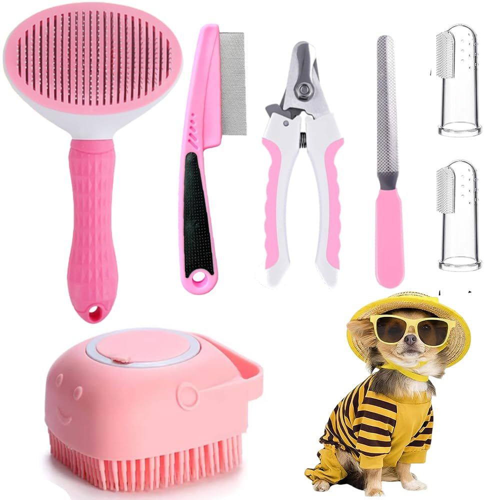 7-piece Dog Grooming Set: Hair Removal Flea Comb, Nail Clippers, Bath Brush, Finger Cots With Labeling Option_voghion.com