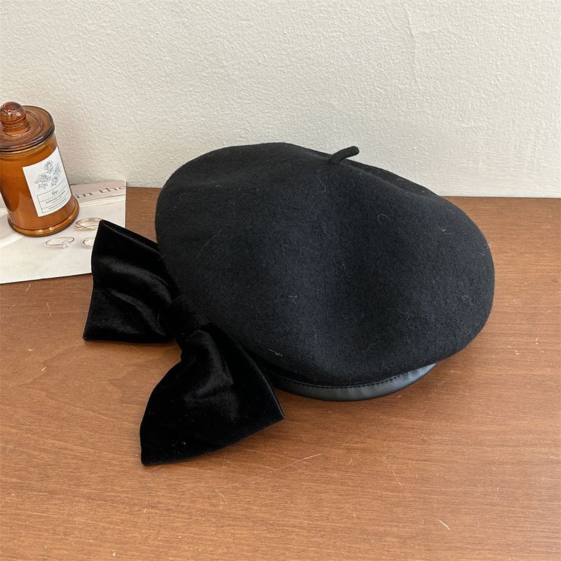 Berretto a fungo in lana nera con fiocco grande in velluto coreano, stile dolce e sottile_voghion.com