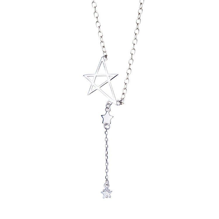 Halskette mit fünfzackigem Stern aus Sterlingsilber für Damen, lichtecht, Nischendesign, schlichtes Schlüsselbein mit Quaste, Pullover_voghion.com