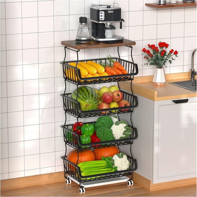 5 Tier Fruit Basket For Kitchen Organizers And Storage, Stackable Metal Wire Basket Stand Cart With Wheels For Fruit Vegetable_voghion.com