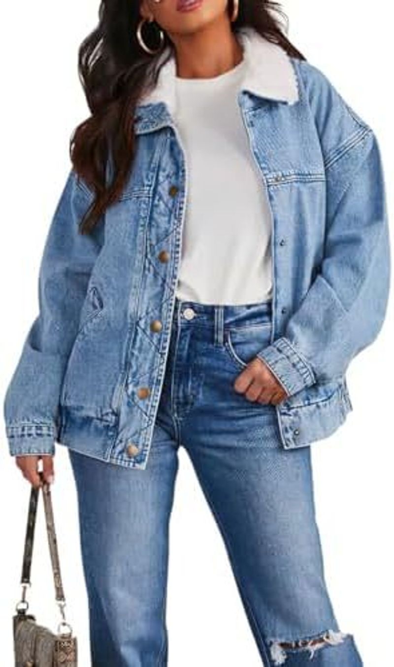 Giacca in denim oversize da donna con collo in pelliccia sintetica staccabile - Cappotto casual caldo e accogliente invernale, azzurro, dalla S alla 2XL_voghion.com