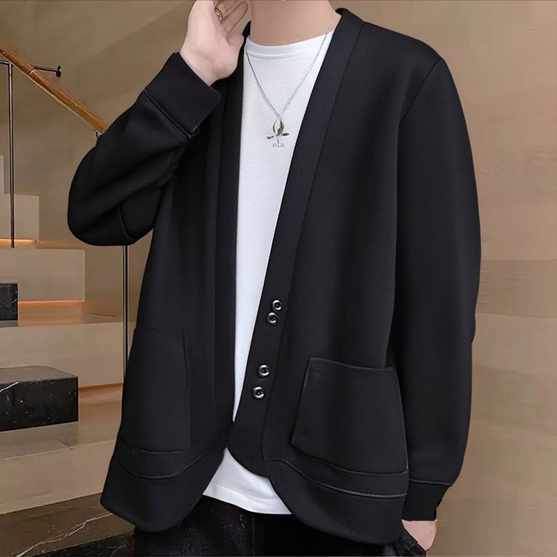 Men’s Lightweight Knit Cardigan – Slim-Fit Long Sleeve Open Front Sweater (M-4XL) – Soft & Stretchy Polyester Blend (Black/Grey)​_voghion.com