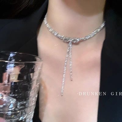 Schleife Zirkon Quaste lang für Frauen, leichter Luxus, Nischendesign, Halskette Temperament, vielseitiges Choker-Zubehör_voghion.com