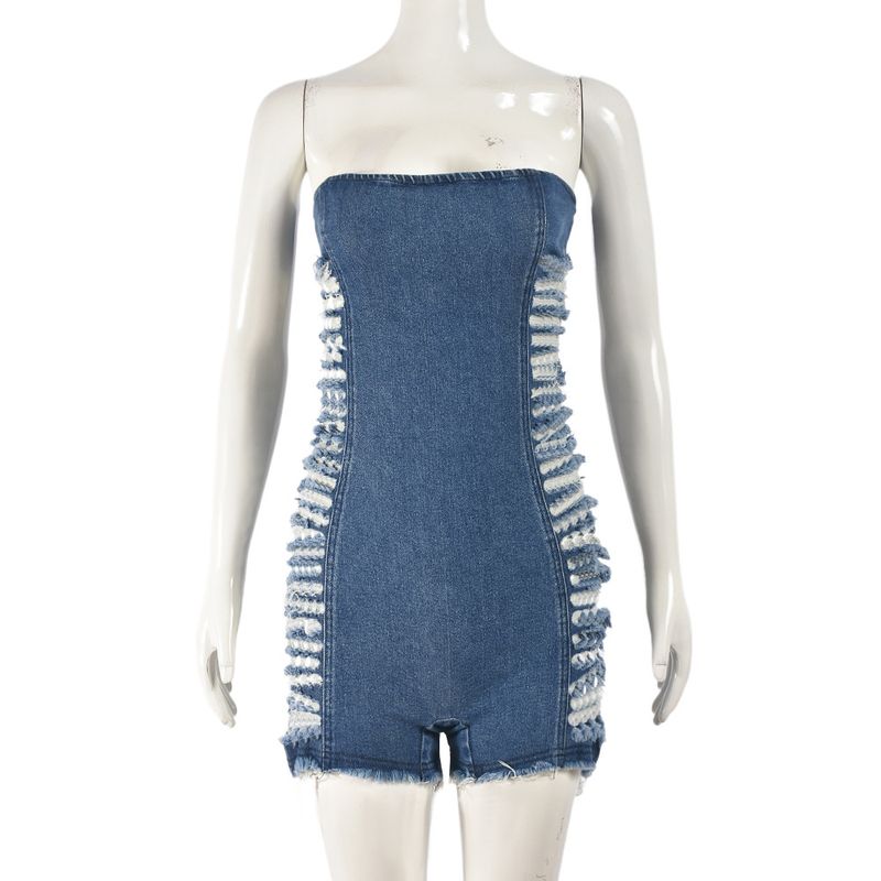 Damenbekleidung Sexy Hollow Hole Zipper Wrapped Chest Stretch Denim Washed Jumpsuit_voghion.com