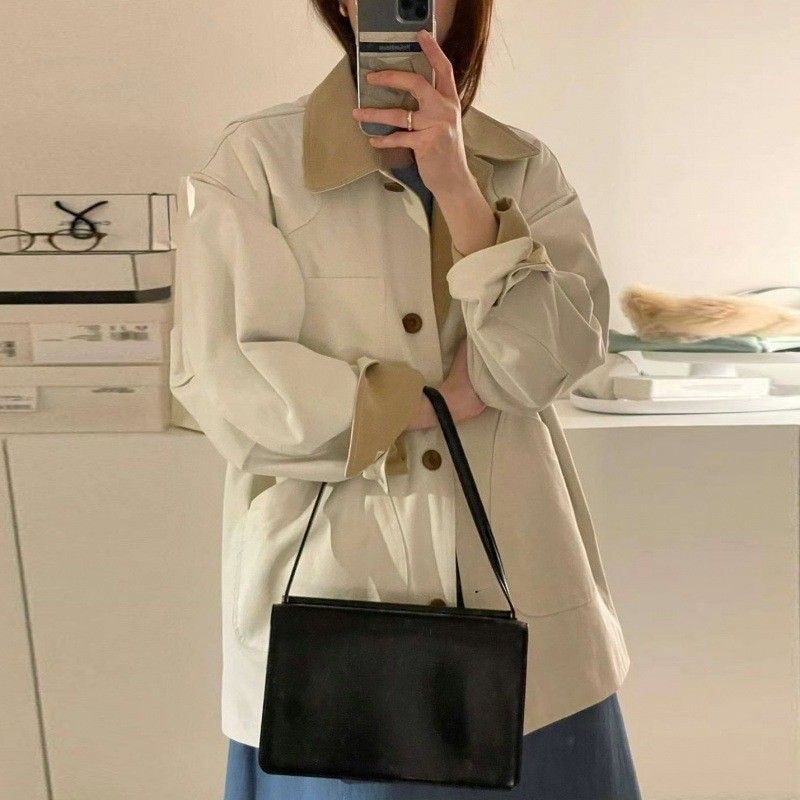 Women's chic autumn and winter retro temperament lapel single-breasted classic contrasting color loose and versatile mid-length windbreaker jacket_voghion.com