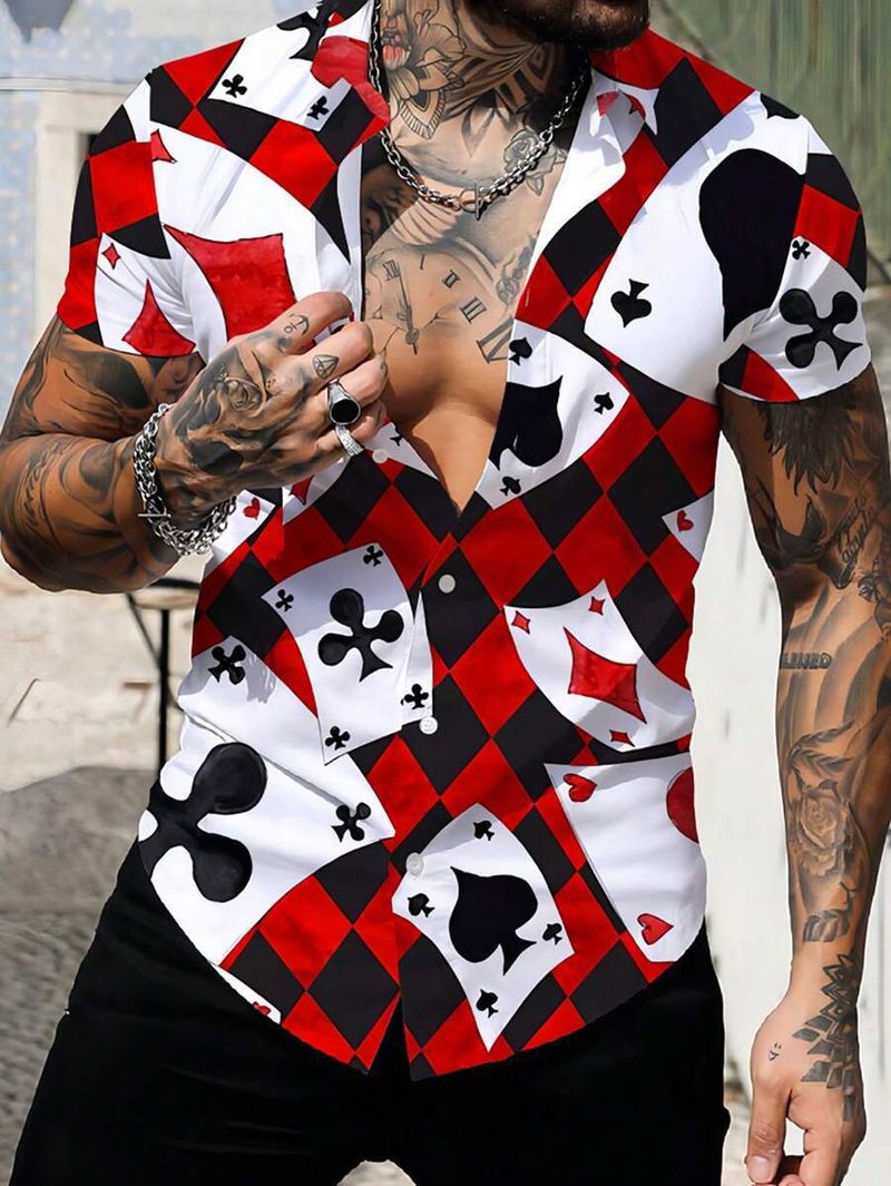 Herenkleding Korte mouwen elastisch pokerprint casual overhemd_voghion.com