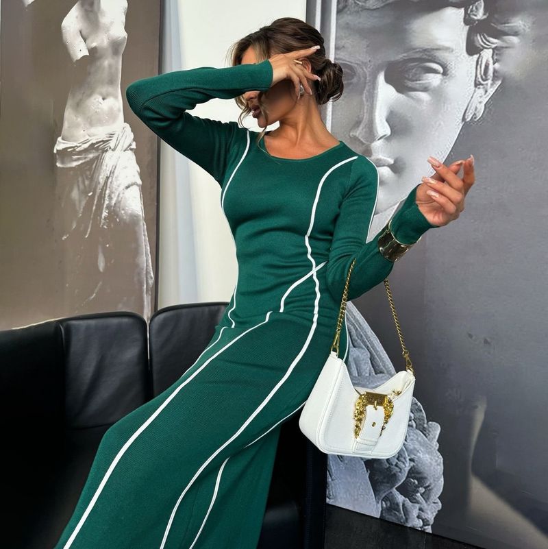 Dameskleding heldere lijn decoratie ontwerp herfstjurk vrouwelijk high-end slim fit sexy hot girl contrasterende kleur_voghion.com