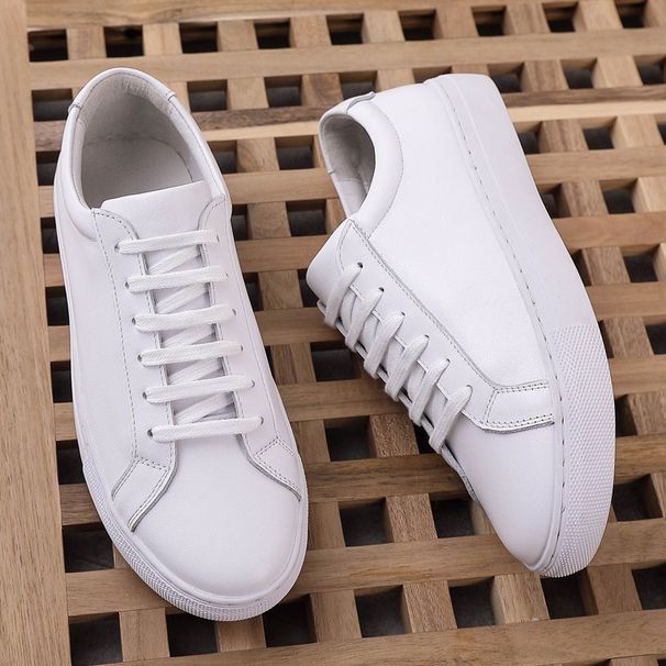 Scarpe da ginnastica casual da uomo in vera pelle, adatte a tutte le stagioni, con suola spessa, stile coreano, alla moda, versatili, bianche._voghion.com