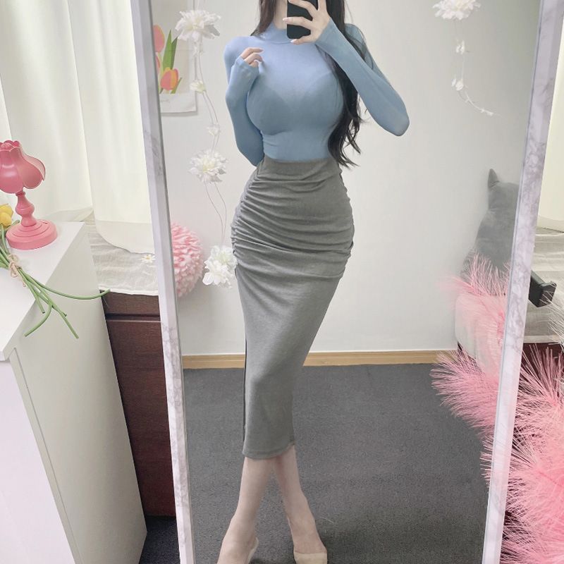 ChicShe Korean Style Gray Pleated With Slit Mid-Length Skirt Versatile Slimming Belly Covering Autumn New Hip-Hugging_voghion.com