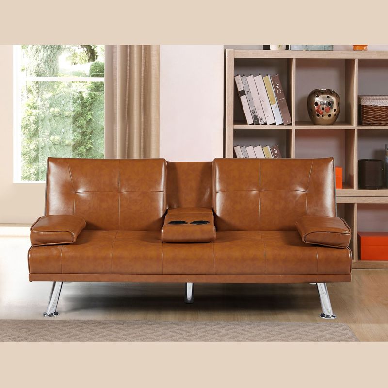 Bright Brown PU 66inch Sleeper Sofa,2-seat Sofa With Cup Holder, Folding Sofa Bed, Accompany Two Head Pillows,_voghion.com