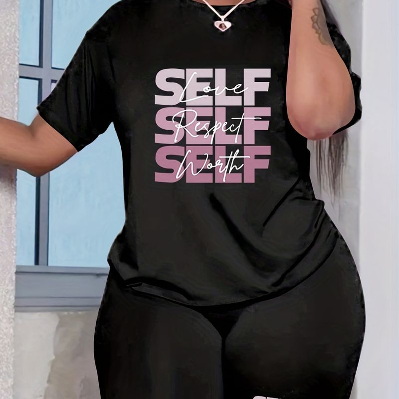 Plus Size Outfits Two Piece Set, Women's Plus Letter Print Short Sleeve Tee & Shorts Outfits 2 Piece Set_voghion.com