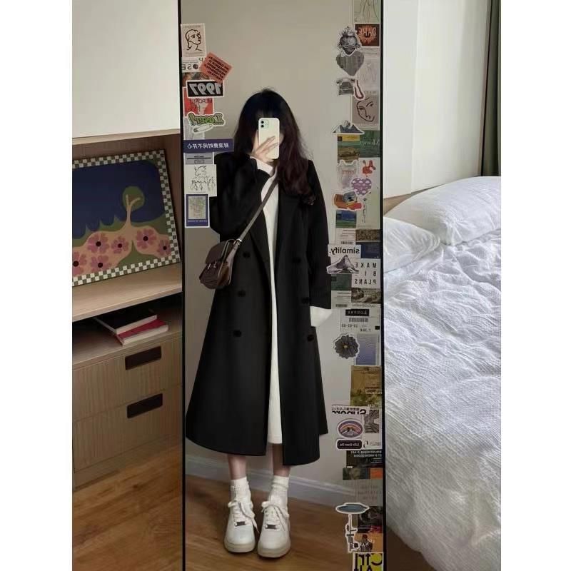Trench in lana di media lunghezza tinta unita autunno e inverno cappotto caldo ampio stile Hepburn_voghion.com