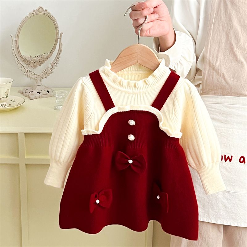 One Piece Girls Sweater Knitted Dress 2024 Autumn And Winter New Style Skirt Red Dress Princess Dress_voghion.com