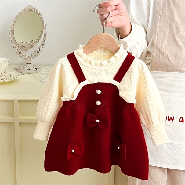 One Piece Girls Sweater Knitted Dress 2024 Autumn And Winter New Style Skirt Red Dress Princess Dress_voghion.com