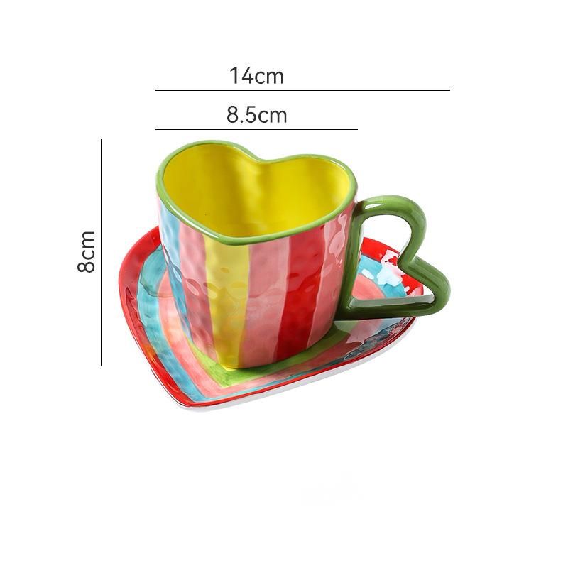 Girlish Underglaze Color Hand-painted Colorful Vertical Stripes Heart Ceramic Coffee Heart-shaped Afternoon Tea Latte_voghion.com