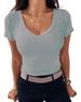 Damenbekleidung V-Ausschnitt Geripptes, tailliertes, enges T-Shirt Kurzarmhemd Basic Strickoberteil_voghion.com