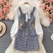 Women's temperament bow tie shirt two-piece suit tweed plaid suspender dress_voghion.com