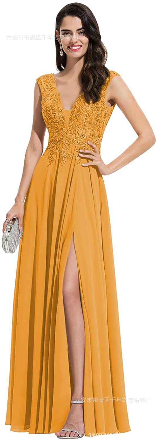 Abito da damigella d'onore con scollo a V e pizzo, abito lungo in chiffon a trapezio, abito da ballo con spacco a vita alta_voghion.com
