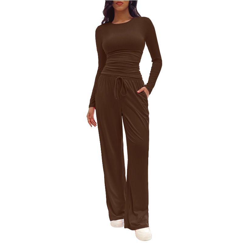 Elegante completo composto da top e pantaloni a maniche lunghe – Tessuto in morbida seta di latte – Versatile outfit da ufficio e casual – Abbigliamento da casa da donna traspirante e confortevole_voghion.com