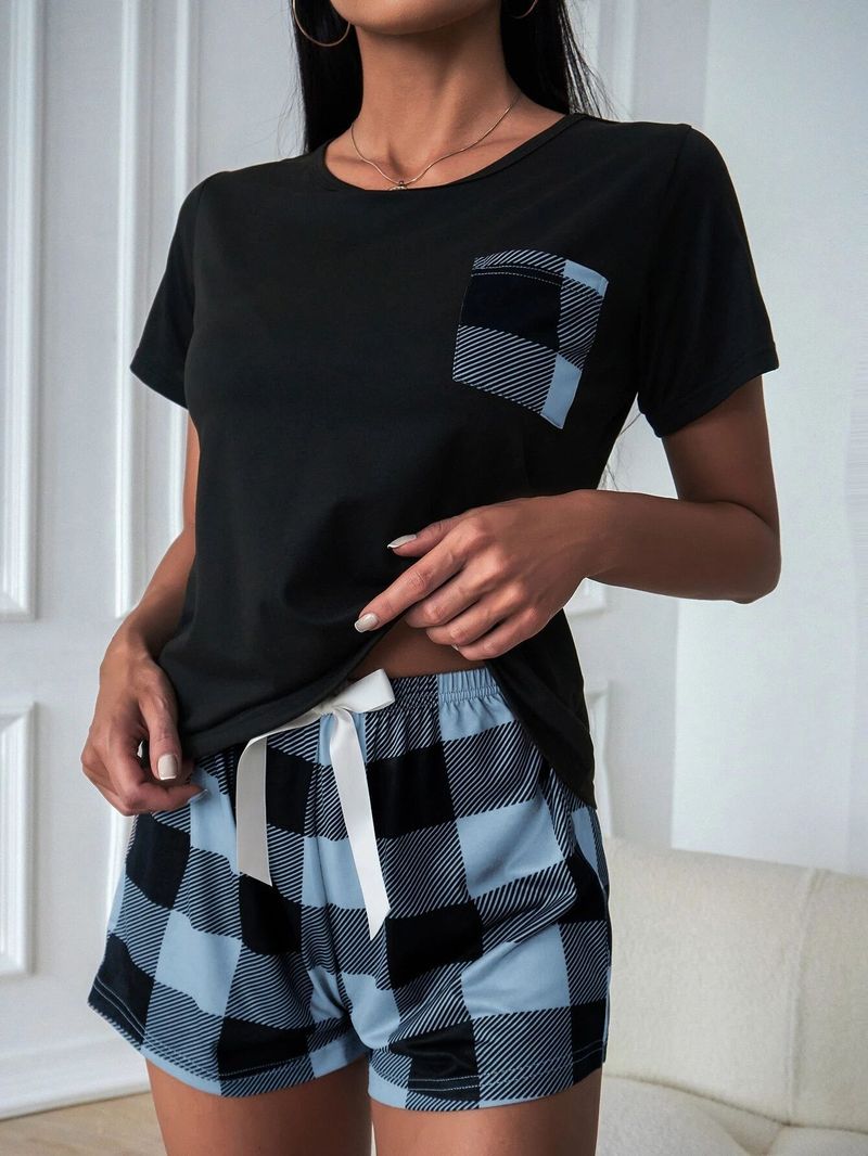 Women's Sleepwears Summer Plaid Milk Silk Sweet Round Neck Short Sleeved Shorts_voghion.com