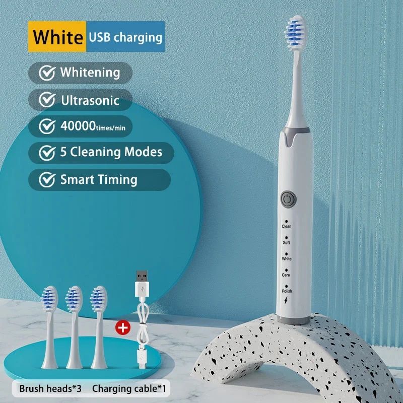 Rechargeable Sonic Electric Toothbrush IPX7 Waterproofed Soft Bristles 5 Cleaning Modes USB Charging with Brush Storage_voghion.com
