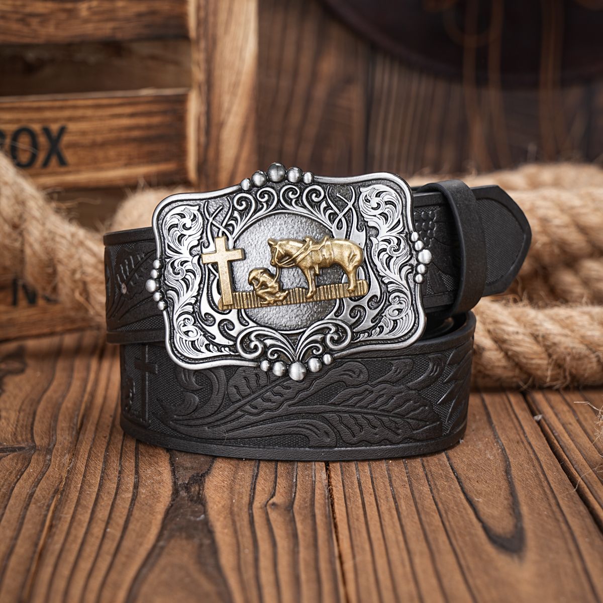 Gorący pasek ze skóry kowbojskiej z motywem westernu - męski pasek na talię z motywem byka i kwiatowym grawerem do jeansów_voghion.com