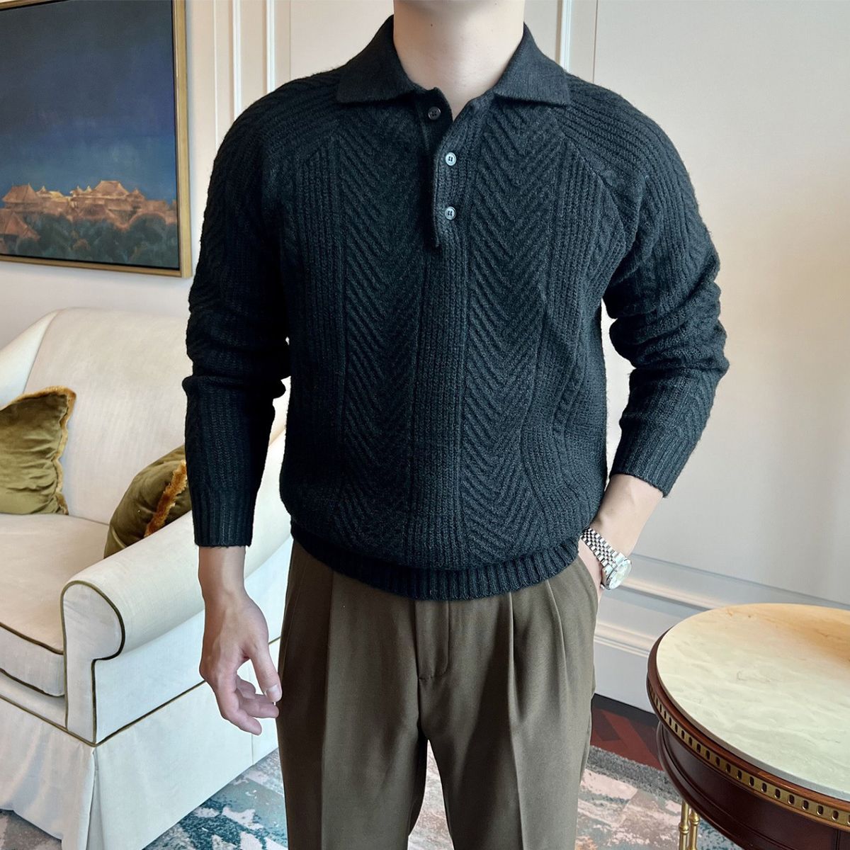 Herren-Strickpullover-Poloshirt – Lässiger Business-Stil, Atmungsaktiv und Dehnbar, Bequeme Lockere Passform, Warmer Rollkragenpullover Für Den Winter_voghion.com