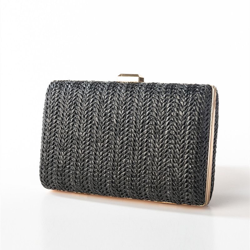 Borsa da sera elegante da donna, con tracolla quadrata in paglia intrecciata creativa, borsa con catena in tinta unita_voghion.com
