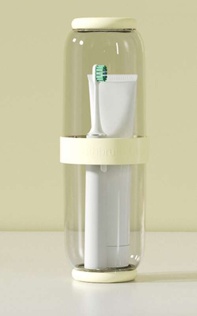 Set de lavado de viaje portátil de diseño independiente con aparatos dentales, almacenamiento para cepillos de dientes y vaso separador de ropa seca y húmeda._voghion.com