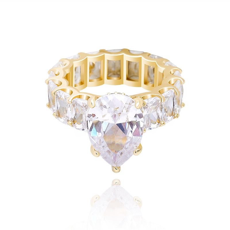 Water Drop Hip-Hop Women's Full Zircon Fashion Personality Ring Gold Jewelry_voghion.com