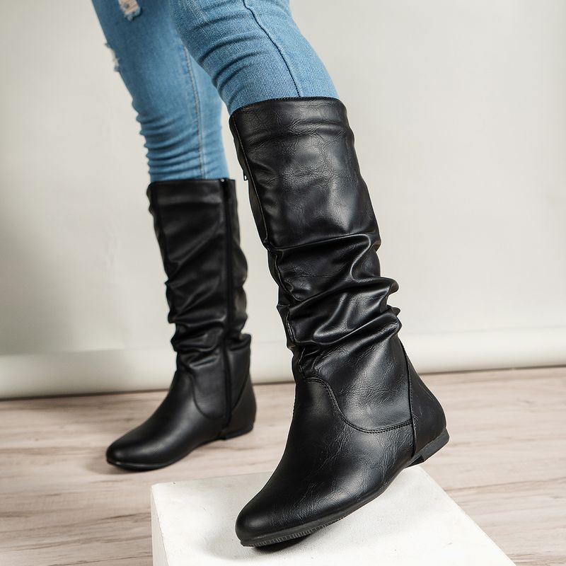 Pleated PU surface women's fashion boots side ramen casual round toe flat bottom women's high top boots solid color fashion women's boots_voghion.com