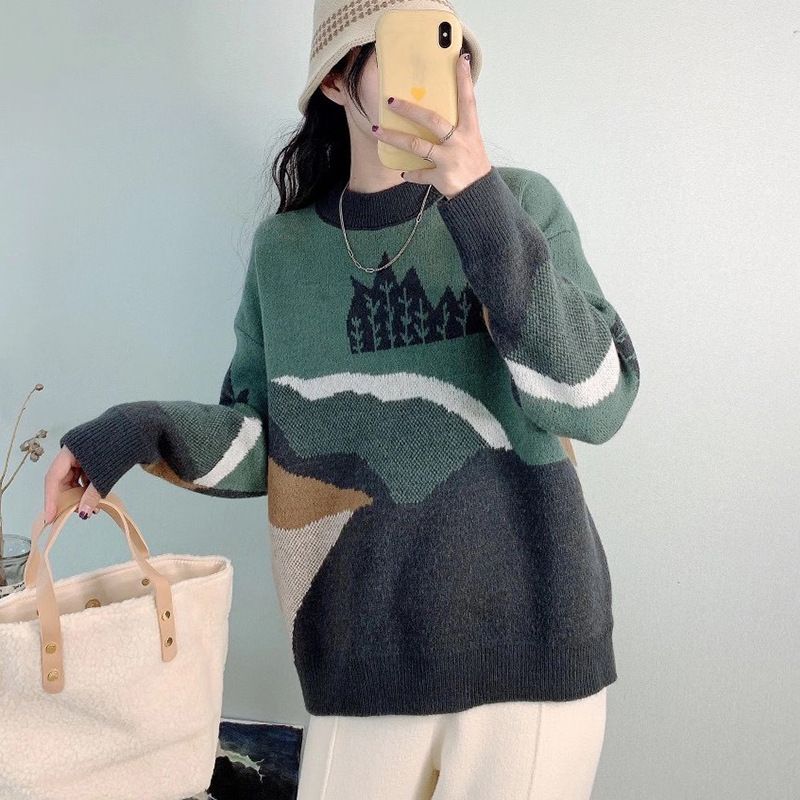 2024 Herbst/Winter Neue Koreanische Damen Top Ölgemälde Casual Lose Aging Pullover für Frauen_voghion.com