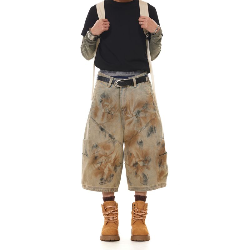 Abbigliamento da uomo, stile street, pantaloni a gamba larga, cropped, stile retrò americano, pantaloncini in denim a pieghe, tinti in vecchio stile_voghion.com