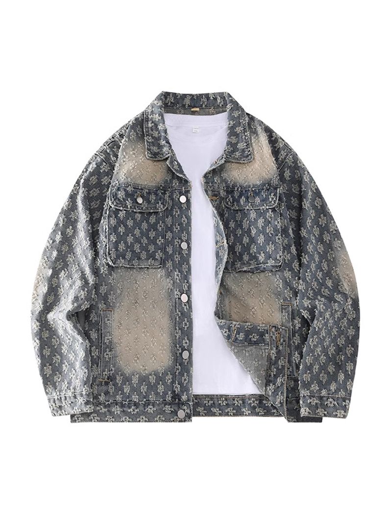 Herrenbekleidung Frühlings- und Herbstmode Retro-Jeansjacken Gewaschene Jacquard-Arbeitshemden_voghion.com