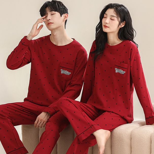 2024 New Pajamas Couple Wedding Set Spring Autumn Pure Cotton Long Sleeve Red Home Clothes Men and Women Round Neck_voghion.com