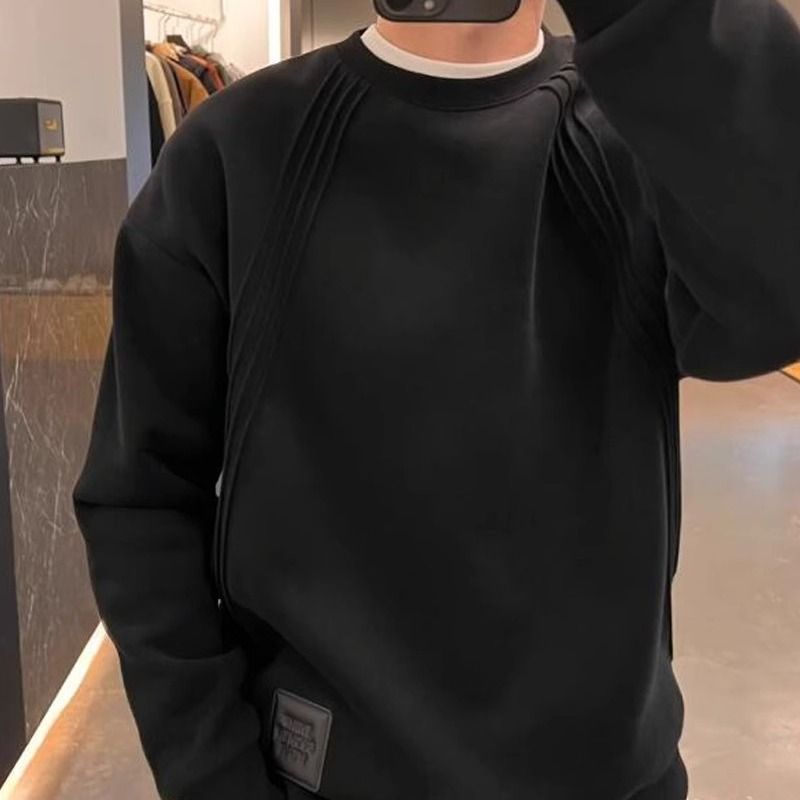 Spring and Autumn New Simple Splicing Casual Hoodie with Men's Line Design Versatile Round Neck Bottom Shirt Long Sleeve_voghion.com