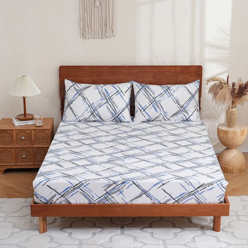 Cache-sommier à motifs géométriques gris, blanc et bleu - Housse de lit en polyester imprimé 3D au design moderne_voghion.com