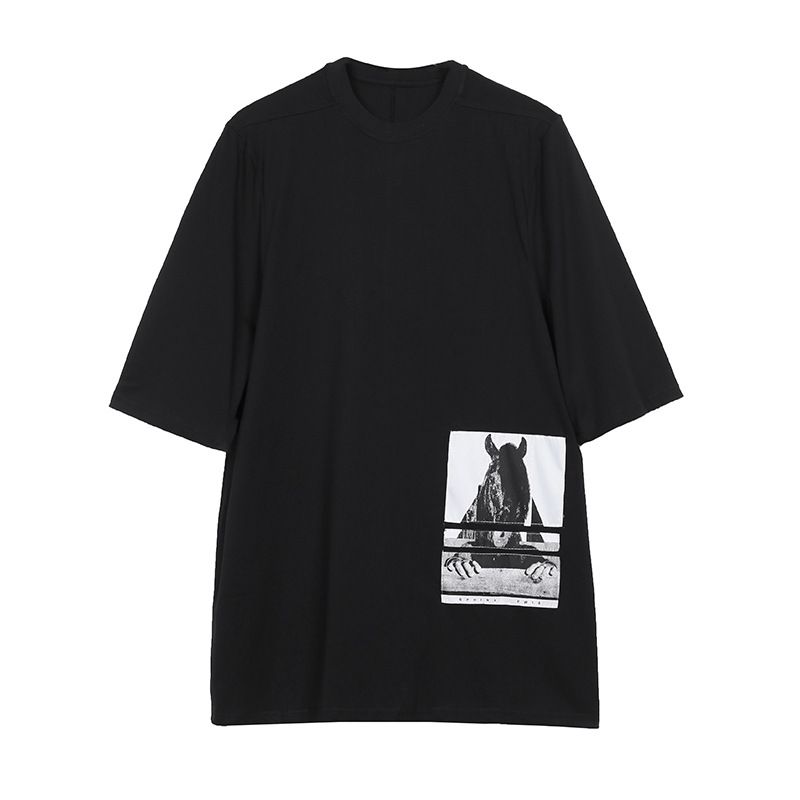 T-shirt décontracté ample à manches courtes et cinq points pour homme avec patch tête de cheval_voghion.com