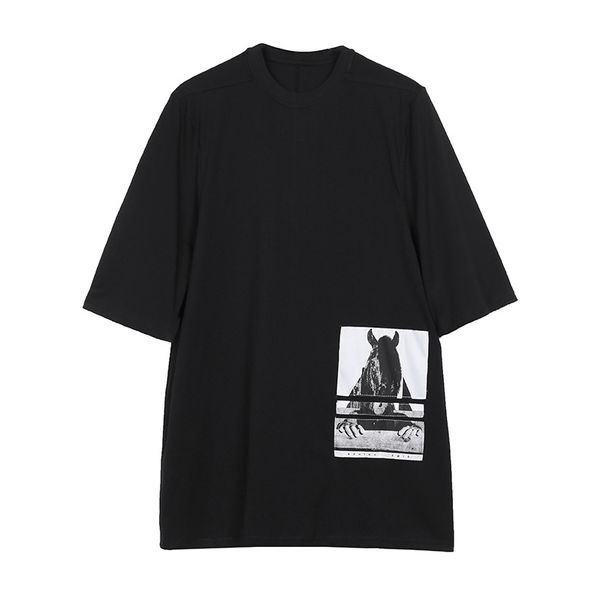 T-shirt décontracté ample à manches courtes et cinq points pour homme avec patch tête de cheval_voghion.com