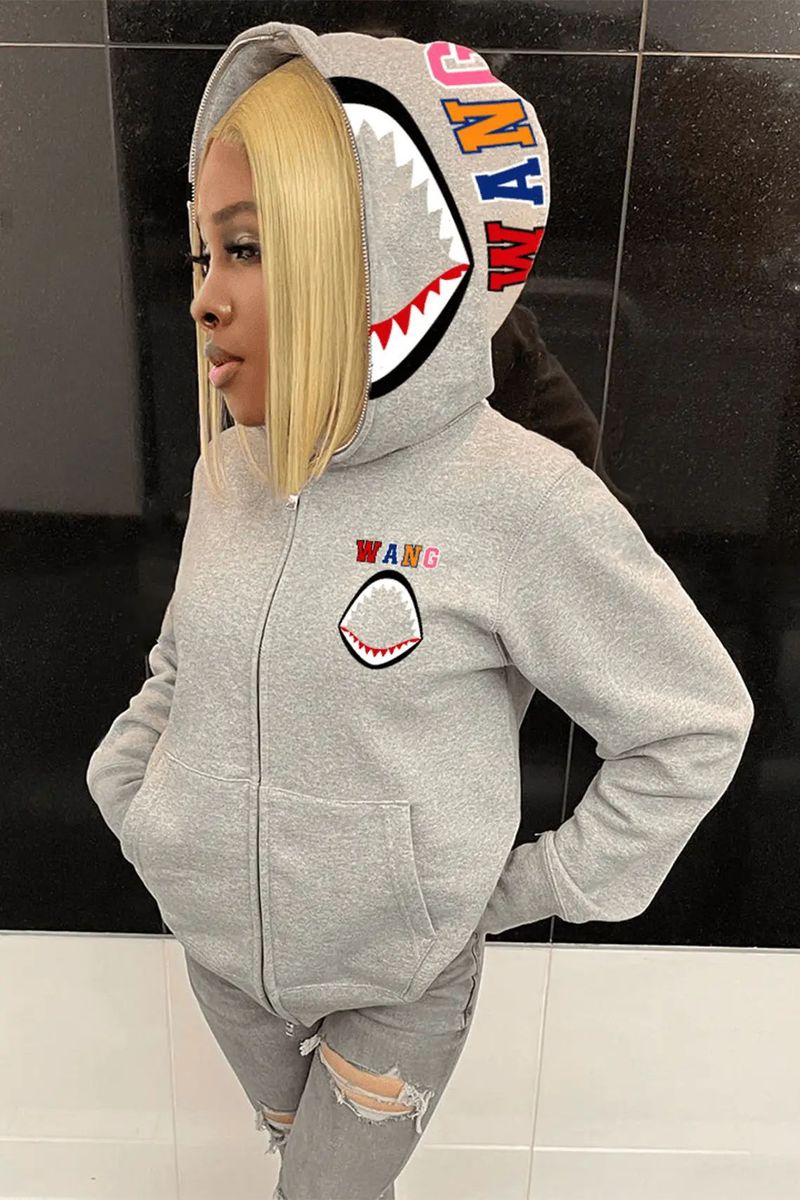 Nu trendy damessweatshirt met kangoeroezak met haaienmondprint_voghion.com
