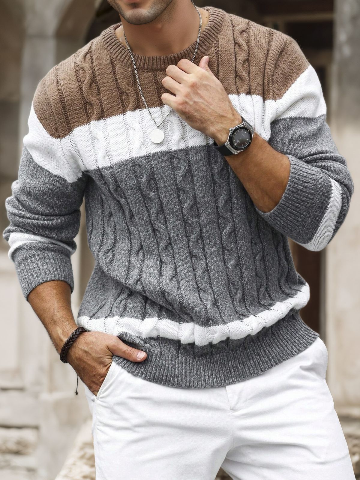 Maglione da uomo in maglia color-block – girocollo rilassato ispirato al retrò, morbido e traspirante (disponibile in più colori)_voghion.com