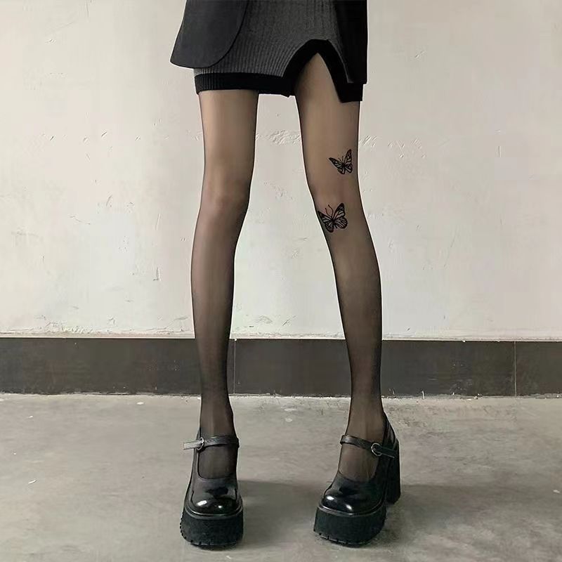 New white stockings pure anti-hook stockings women's spring and autumn black butterfly tattoo printed pantyhose leggings_voghion.com
