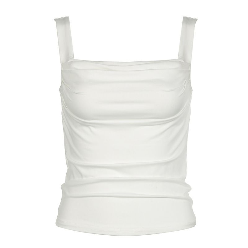 Damenbekleidung Einfarbig Niedriger Quadratischer Hals Plissee Schlanke Hosenträger Weibliches Heißes Mädchen Sexy Rückenfreies Oberbekleidungsoberteil_voghion.com