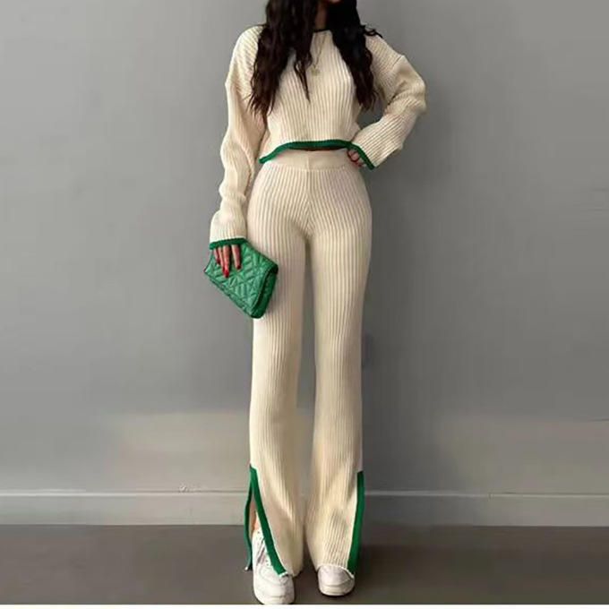Women's autumn and winter new style stitching contrasting color knitted top + trousers two-piece sweater set_voghion.com