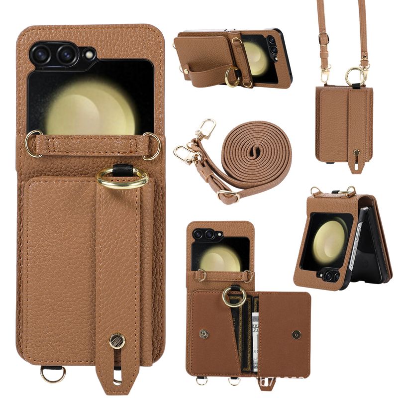 Custodia protettiva in pelle con cinturino da polso, adatta per Samsung Z Flip6, custodia pieghevole a tracolla per cellulare Z Flip7 5 con 4 slot per schede_voghion.com