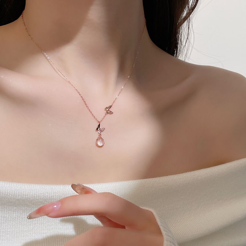 Collana a forma di farfalla con goccia in argento sterling, edizione coreana da donna, Instagram, piccola pietra profumata con loto del vento, osso_voghion.com