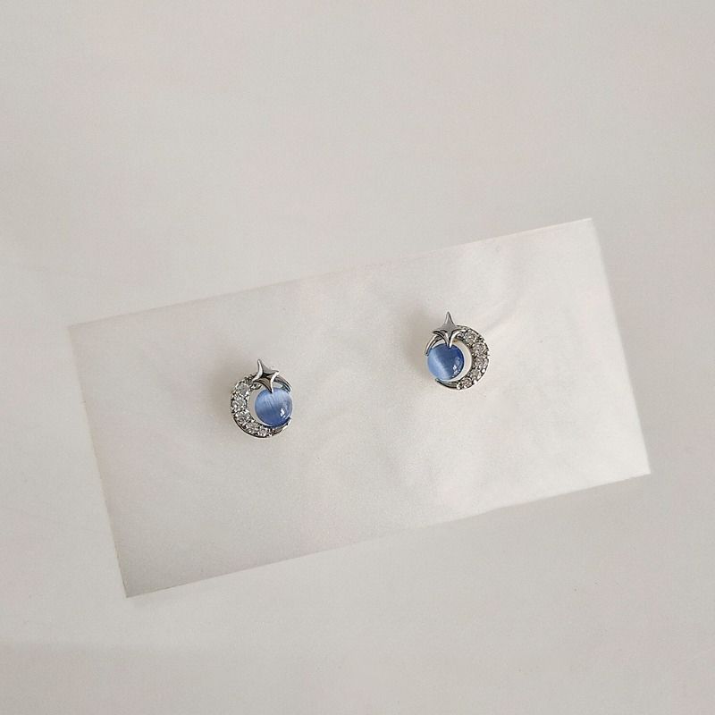 1 Çift Tatlı Yıldız Ay Kakmalı Bakır Opal Küpe_voghion.com