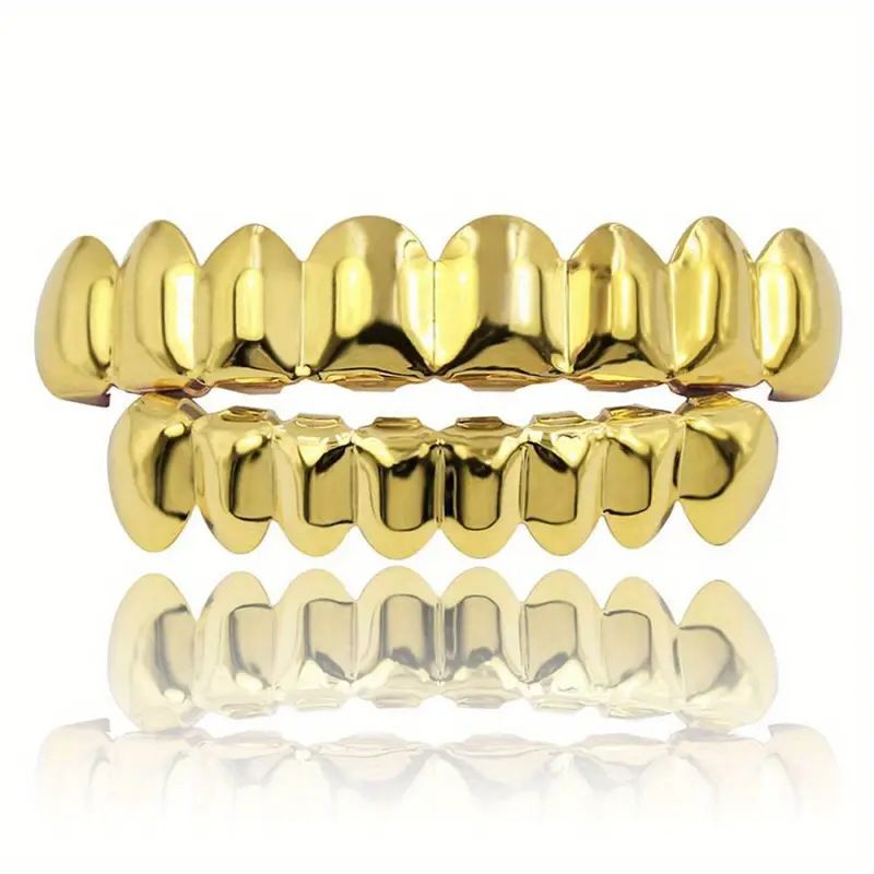 Hip Hop Gold Grillz Set - 8 Teeth Upper & Lower, 18K Electroplated Copper, Stylish Dental Jewelry (Gold, Silver, Gun Black, Rose Gold)_voghion.com